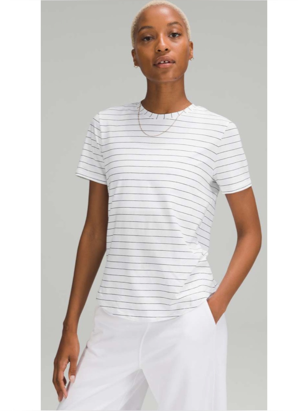 Lululemon Love Crew Short Sleeve Tee White/Black Stripes Pima Cotton *Flaw*